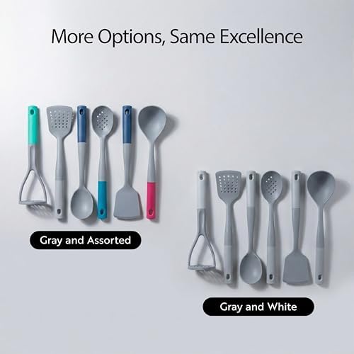Restaurantware Silicone Utensil Set Pack of 1 Non-Slip Handle 6-Piece Nylon Kitchen Tool Set, Heat-Resistant Dishwasher-Friendly Cooking Accessories, Durable Gray and White Cooking Utensils