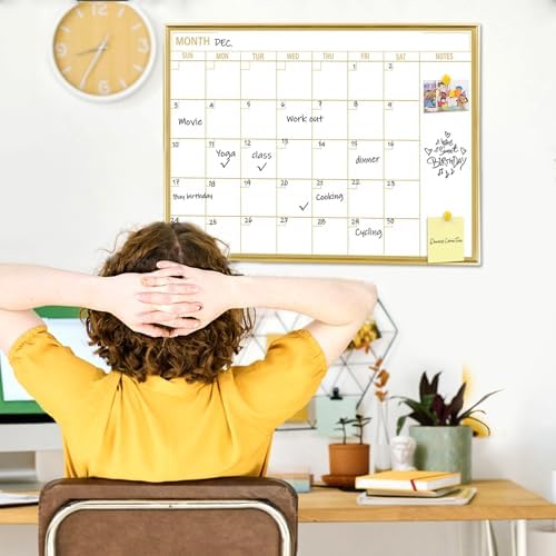 Gold Dry Erase Calendar Whiteboard for wall-20’’x28’’,Portable Aluminum Frame,Magnetic Calendar White Board,Wall Planner Dry Erase Board for Office, Kitchen, School, Home