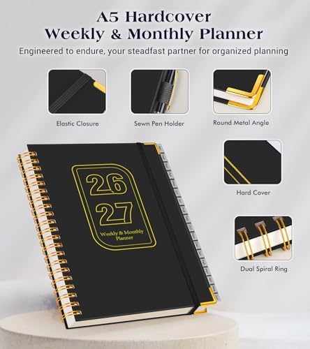Academic Planner 2026-2027, Weekly and Monthly Hardcover Planner, July 2026 - June 2027, 5.75" x 8.38" A5 Large Daily Calendar Planner Book with Tabs, Spiral Yearly Agenda Organizer Notebook for School Work Home, Black