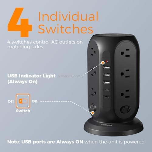 TESSAN Tower Power Strip Surge Protector, Flat Extension Cord 10 Ft,Black