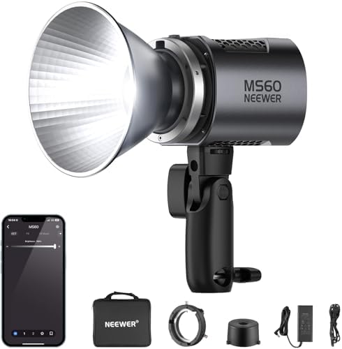 NEEWER MS60 LED Video Light with 2.4G/APP Control, 65W 5600K Daylight Mini COB Continuous Output Lighting, 40000lux/1m, CRI 97+/TLCI 98+, 9 Scenes, 0-100% PWM Dimming, Bowens Mount Adapter