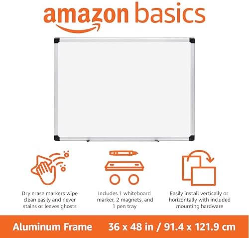 Amazon Basics Magnetic Dry Erase Whiteboard, 36 x 48-inch, Aluminum Frame, Silver/White, Easy to Install