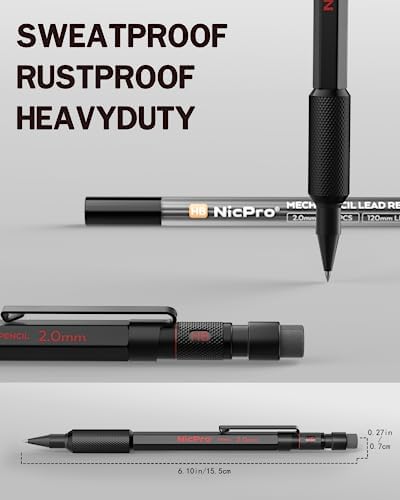 Nicpro 2mm Mechanical Pencils Set with Case, MP2000 Metal Drafting Pencil