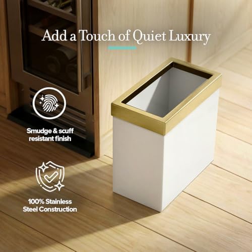 Gatco Modern Rectangle Wastebasket, Matte Pearl and Brushed Brass Combo - Stainless Steel Trash Can with Removable Lid, Leakproof, 3 Gallon Capacity for Bathroom, Bedroom, Kitchen, or Office