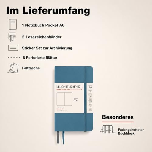LEUCHTTURM1917 - Notebook Softcover Pocket A6-123 Numbered Pages for Writing and Journaling (Plain, Stone Blue)