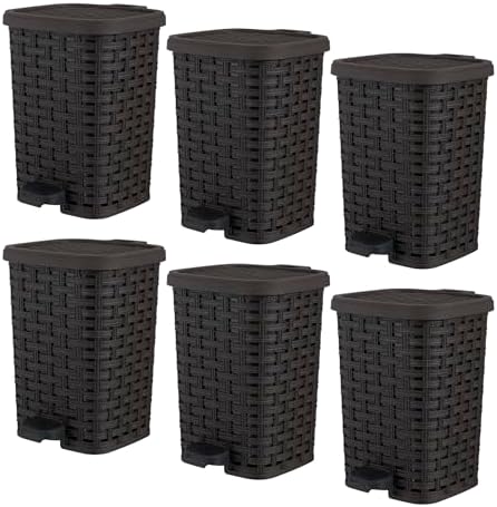 Superio Mini Trash Can with Foot Pedal Small Outdoor Garbage Can with Lid, 1.5 Gallon Plastic Waste Basket for Bathroom, Bedroom, Kitchen, Office, Patio (Wicker Brown 6 QT.), 6 Pack