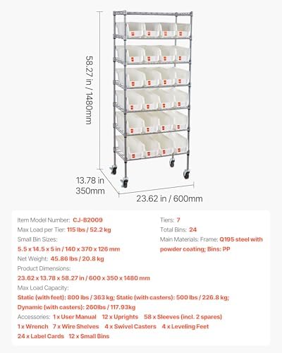 VEVOR 7-Tier Rolling Bin Storage Rack, 24 Small Bins, Bin Rack Storage Steel Wire Shelving System with Wheels, Mobile Tool Organizer for Garage, Warehouse, Office, Restaurant, Classroom, Kitchen