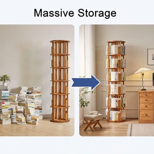 GAMAK Rotating Bookshelf Tower for Kids 360 Display 4 Tier Floor Standing Bookcase Tall Skinny Wood Bookcase Spinning Bookshelf for Bedroom Living Room Study Room (Color : Walnut)