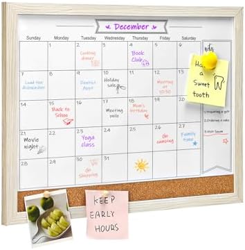 Dry Erase Calendar Whiteboard for Wall, Small Combination Magnetic Dry Erase White Board & Bulletin Board, 13" x 17"，White Frame Calendar/Cork Combo Board(WH-3343)