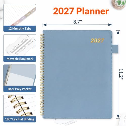 SUNEE 2027 Weekly & Monthly Planner 9"x11.2"- 12 Month (January 2027 - December 2027), Vegan Leather Cover, Pocket, Bookmark, Notes, Monthly Tab, Grey Blue