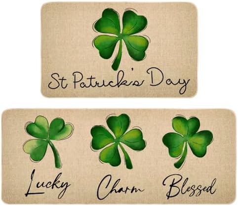 St Patricks Day Kitchen Rug Set of 2, Non-Slip Absorbent Door Mats Seasonal Lucky Green Shamrock Clover Decorative Kitchen Floor Mat 17x29 and 17x47 Inch DM127