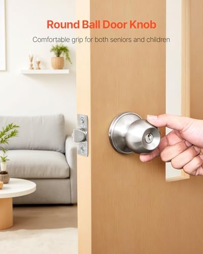 VEVOR Keyed Entry Door Knob, Satin Nickel Door Knob with Round Ball, Keyed Exterior & Thumb Turn Lock Interior, All Metal Doorknobs Hardware with Lock and Keys, Modern Design for Bedroom & Bathroom