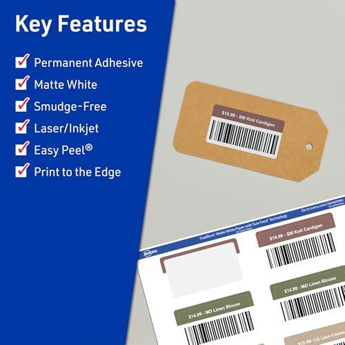 Avery TrueBlock Matte White Rectangle Labels, Sure Feed Technology, 1" x 2", 2,400 Matte White Labels, Print-to-The-Edge, Laser/Inkjet Printable, Great for Packaging and Product Merchandising