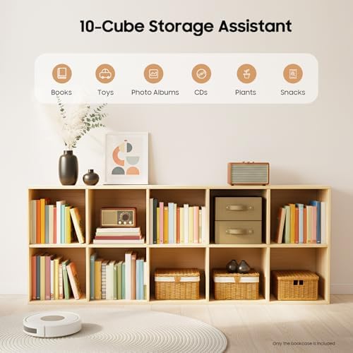 10 Cube Storage Organizer - Solid Wood Bookshelf - Cube Shelf - Vertical or Horizontal Bookcase - Open Book Shelf - Easy Assembly for Bedroom, Living Room, Office