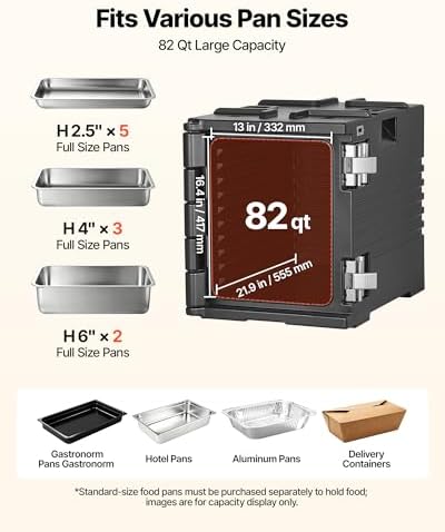 VEVOR Insulated Food Pan Carrier, 82 Qt Non-Electrical Food Warmer, with Wheel & 304 Stainless Steel Latch, LLDPE Stackable Hot Box, for Various Pan Sizes(NOT Included), Fit Catering BBQ Event(Black)