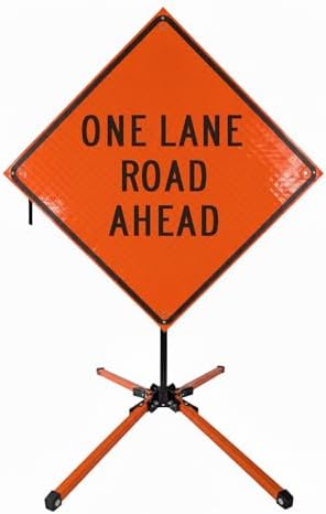 Traffic Roll-Up Sign Kit with Stand – Collapsible Safety Sign & Heavy-Duty Portable Stand, High Visibility, Easy Setup (One Lane Road Ahead, Reflective)