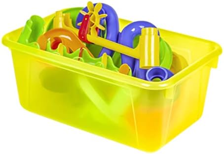 Storex Small Cubby Bins – Plastic Storage Containers for Classroom with Non-Snap Lid, 12.2 x 7.8 x 5.1 inches, Tint Yellow, 5-Pack (62482A05C)