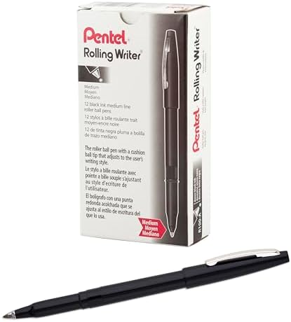 Pentel Rolling Writer Pen, 0.8 Millimeter Cushion Ball Tip, Black Ink, Box of 12 (R100-A)