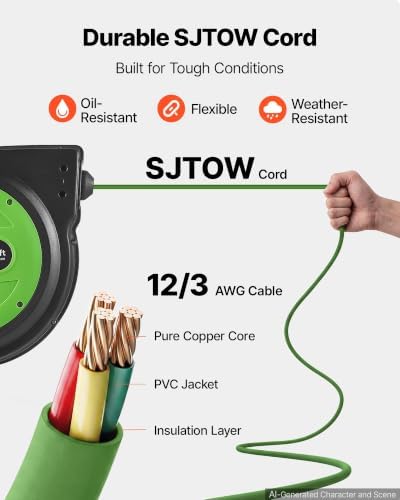 VEVOR Retractable Extension Cord Reel 65FT Heavy Duty 12AWG/3C SJTOW Green
