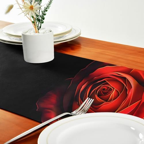 ALAZA Double-Sided Red Rose Flower on Black Table Runner 14x108 Inches Long,Table Cloth Runner for Wedding Birthday Party Kitchen Dining Home Everyday Decor