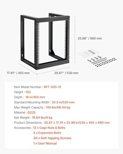VEVOR 12U Open Frame Server Rack, Free Standing or Wall Mount Rack with 180 Degrees Gate Swing, Network Rack for 19" IT Equipment & A/V Devices