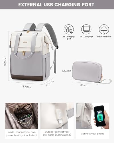 LOVEVOOK Laptop Backpack for Women with Giant Tumbler Holder, 17.3 Inch Work Laptop Bag with USB Port, Fashion Teacher Nurse Backpack Purse, Waterproof Travel Computer Backpack, 2PCS, Beige-Light Grey