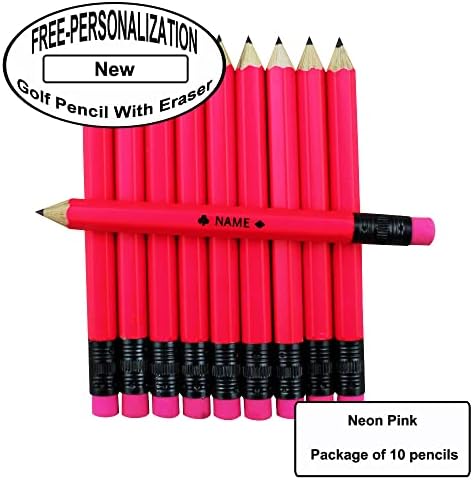 EZPENCILS & GIFTS - Golf Pencils Tipped with Eraser (1/2 a Pencil - Pew Pencils) - Neon Pink Colored Barrel - FREE-PERSONALIZATION - 2HB Black Lead - Custom Text - Non-Smear Eraser – Package of 10