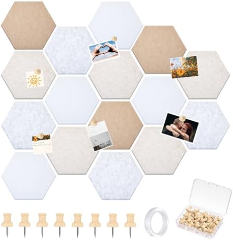 12x10 in 16 Pcs Hexagon Cork Board Tiles, Felt Pin Boards, Retro