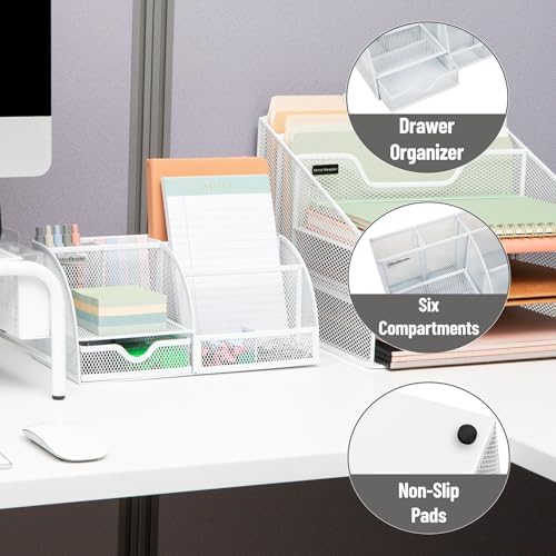 Mind Reader 7-Compartment Desktop Organizer, Metal Mesh, White