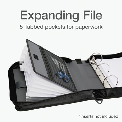 Oxford Zipper Binder with Pockets, 3 Inch Round Rings, Handle and Removable Shoulder Strap, 5-Tab Expanding File, Black & Navy (1006343)