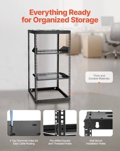 VEVOR 20U Server Rack, Open Frame Network Rack,4-Post Floor Standing or Wall Mounted, Includes 2PCS Vented 1U Rack Shelves & Mounting Hardware, Computer Wall Rack for 19" IT/AV Equipment