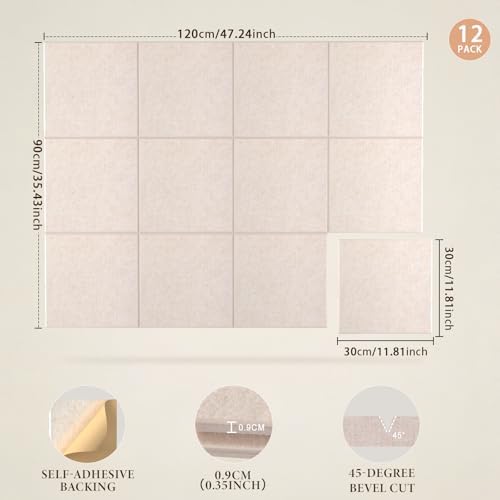 JBER Felt Bulletin Board 48" x 36", 12 Pack Felt Wall Tiles, Light Camel
