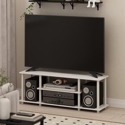 Furinno Turn-N-Tube 3-Tier Toolless Assembly TV Stand, White | for TV up to 50 Inch, Open Frame Rectangular Entertainment Center with Storage Shelf, TV Console, for Living Room, Bedroom