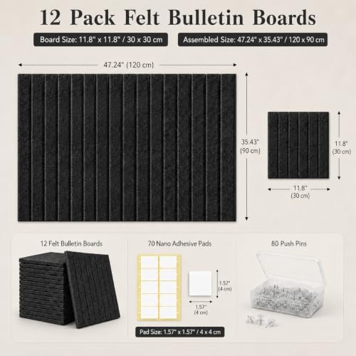 Large Black Felt Bulletin Board 12-Pack, 36" x 48" Corkboards