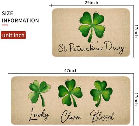 St Patricks Day Kitchen Rug Set of 2, Non-Slip Absorbent Door Mats Seasonal Lucky Green Shamrock Clover Decorative Kitchen Floor Mat 17x29 and 17x47 Inch DM127