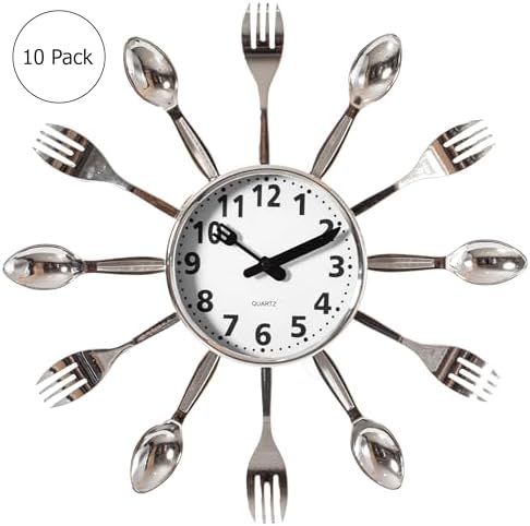 Clockswise Bulk Set of 10PC 14" Oversized Decorative 3D Cutlery Utensil Spoon and Fork Wall Clock, Silver Design for Vibrant Kitchen, Playroom, or Bedroom Decor, Battery-Operated Silent Sweep,