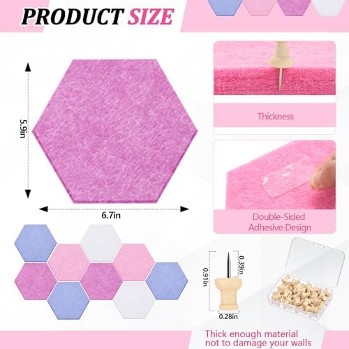 6.7 x 5.9 in 16 Pcs Hexagon Cork Board Tiles, Felt Pin Boards, Pink
