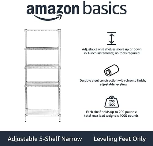 Amazon Basics 5-Shelf Adjustable Storage Shelving Unit for Garage, Steel Wire Rack, 200 Pound Loading Capacity per Shelf, 23.2" x 13.4" x 60", Chrome Finish