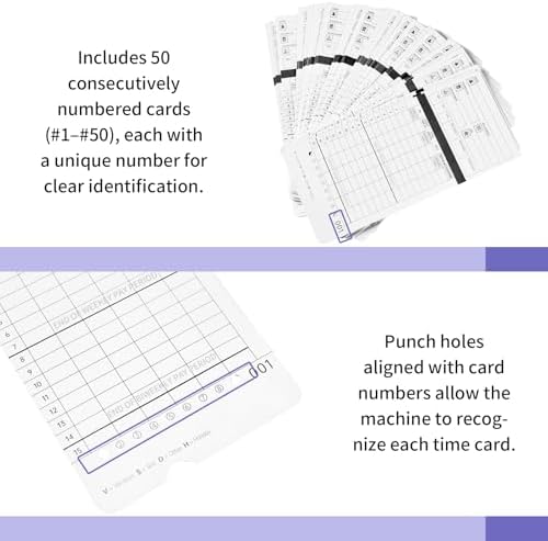 HN4000 Time Cards for Employee Time Clocks, Compatible with HN4000, HN2000, HN2500, HN4500, Card Numbers 1-50, Pre-Punched Holes, of 50 Cards, Separate Packaging (300)