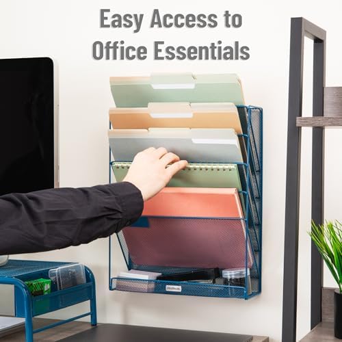 Mind Reader 5-Pocket Vertical File Storage, Desktop Organizer, Wall Mount, Office, Metal Mesh, Turquoise
