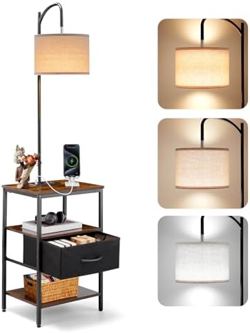 VEVOR Floor Lamp with Table, 3-Tier End Table with Drawer and 3 Color Temperature Lighting, Modern Side Nightstand Bedside Desk with USB & Type C & AC Charging Port for Living Room, Bedroom, Dorm
