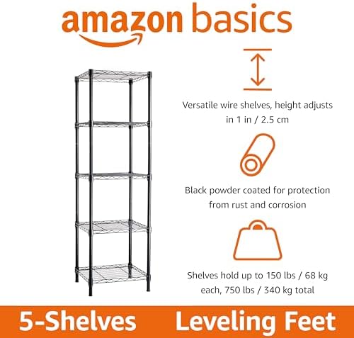Amazon Basics 5-Shelf Tower Adjustable Storage Shelving Unit for Garage, Rust-Resistant Steel, 150 lbs Per Shelf, 16"W x 16"D x 54"H, Black