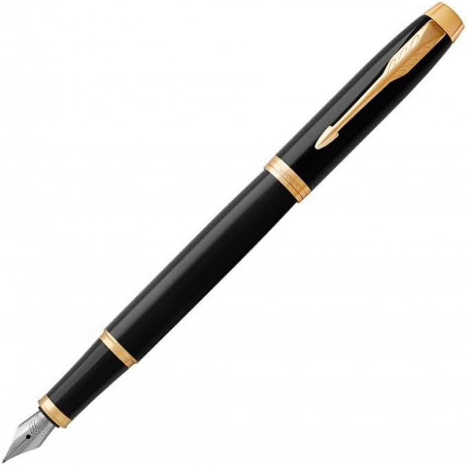 Parker IM Fountain Pen, Black Lacquer with Gold Trim, Fine Nib - Includes Blue Ink Refill and Elegant Gift Box