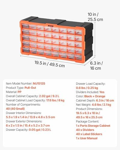 VEVOR 40-Drawer Storage Organizer, Plastic, Drawer Storage Cabinet for Garage Organization, Stackable Small Parts Organizer, Wall-Mounted Toolbox, for Hardware, Beads, Screws, Crafts, Building Bricks