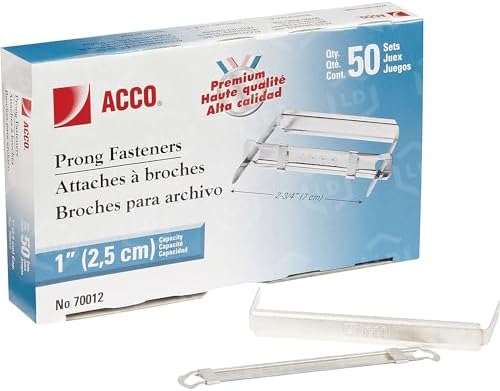 A7070013J ACCO Premium Two-Piece Paper Fasteners, 1inch Capacity, 2.75inch Center to Center, Silver, 100/Box
