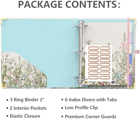 3 Ring Binder 2 Inch, Cute Round Ring Binders with 6 Tab Dividers & Label Stickers, Low Profile Clipboard with Storage, Fashion Aesthetic Binder School Office Supplies (Garden Flowers)