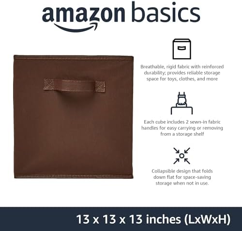 Amazon Basics Collapsible Fabric Storage Bins with Handles, Cube Organizer for Home Organization, 13" x 13" x 13", Brown, 6-Pack