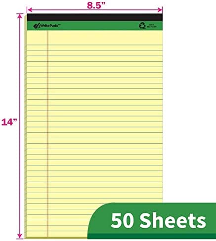 KAISA Yellow Legal Pads 12 pads 600 Sheets 8.5"x14" Writing Pads Recycled Paper 8.5"x14" Wide Ruled Lined Paper Perforated 50 sheets Hard Back Notepads Large Legal Pad Writing Tablet Canary For Office Supplies (Canary 12pads)