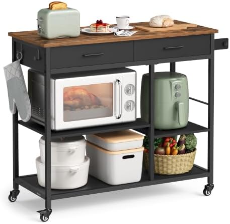 VASAGLE Kitchen Island Cart with Storage, 2 Drawers, Towel Rack | Rolling Kitchen Cart, Microcave Cart, for Kitchen, 38.8" Width, Rustic Brown and Ink Black, BARNET Collection UKKI010KD01