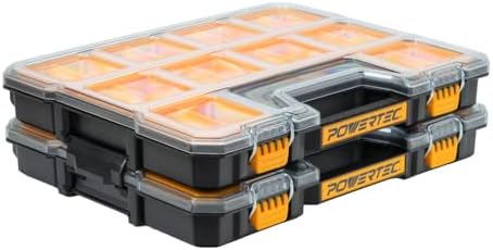 POWERTEC Small Parts Organizer & Tool Box – 20 Compartments, IP65 Water & Dust Protection, Stackable Storage with Interlocking Latch, Removable Bin, Divider, Clear Lid, Portable Design, 2PK (72366-P2)